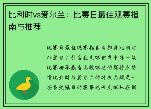 比利时vs爱尔兰：比赛日最佳观赛指南与推荐