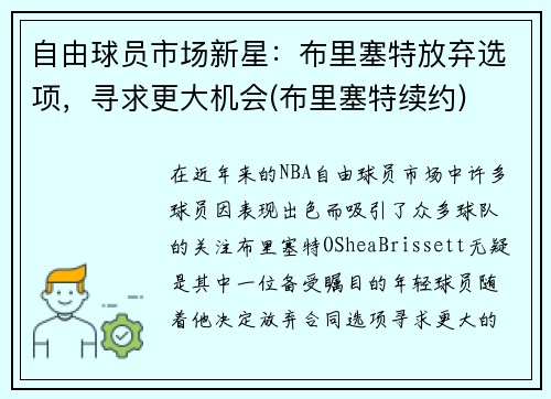 自由球员市场新星：布里塞特放弃选项，寻求更大机会(布里塞特续约)