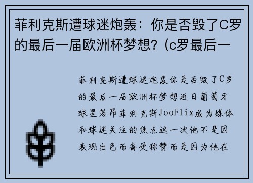 菲利克斯遭球迷炮轰：你是否毁了C罗的最后一届欧洲杯梦想？(c罗最后一次欧洲杯)